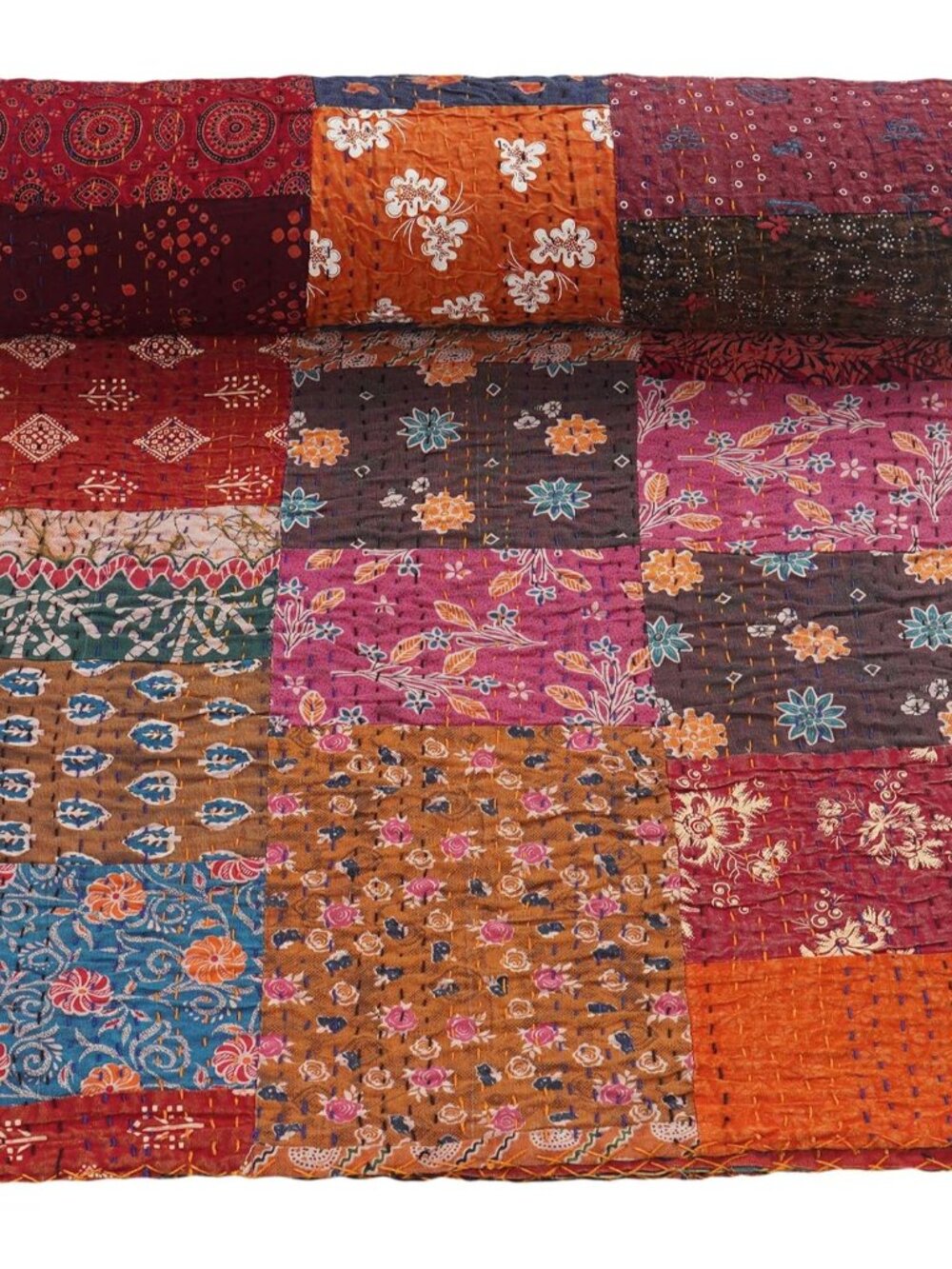 Indian Traditional Pure Cotton Patchwork Quilt, Paisley Print Kantha Quilt Multi